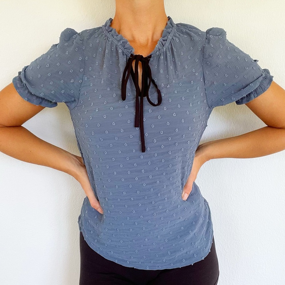 Monteau slate blue textured dot tie neck short sleeve blouse size small